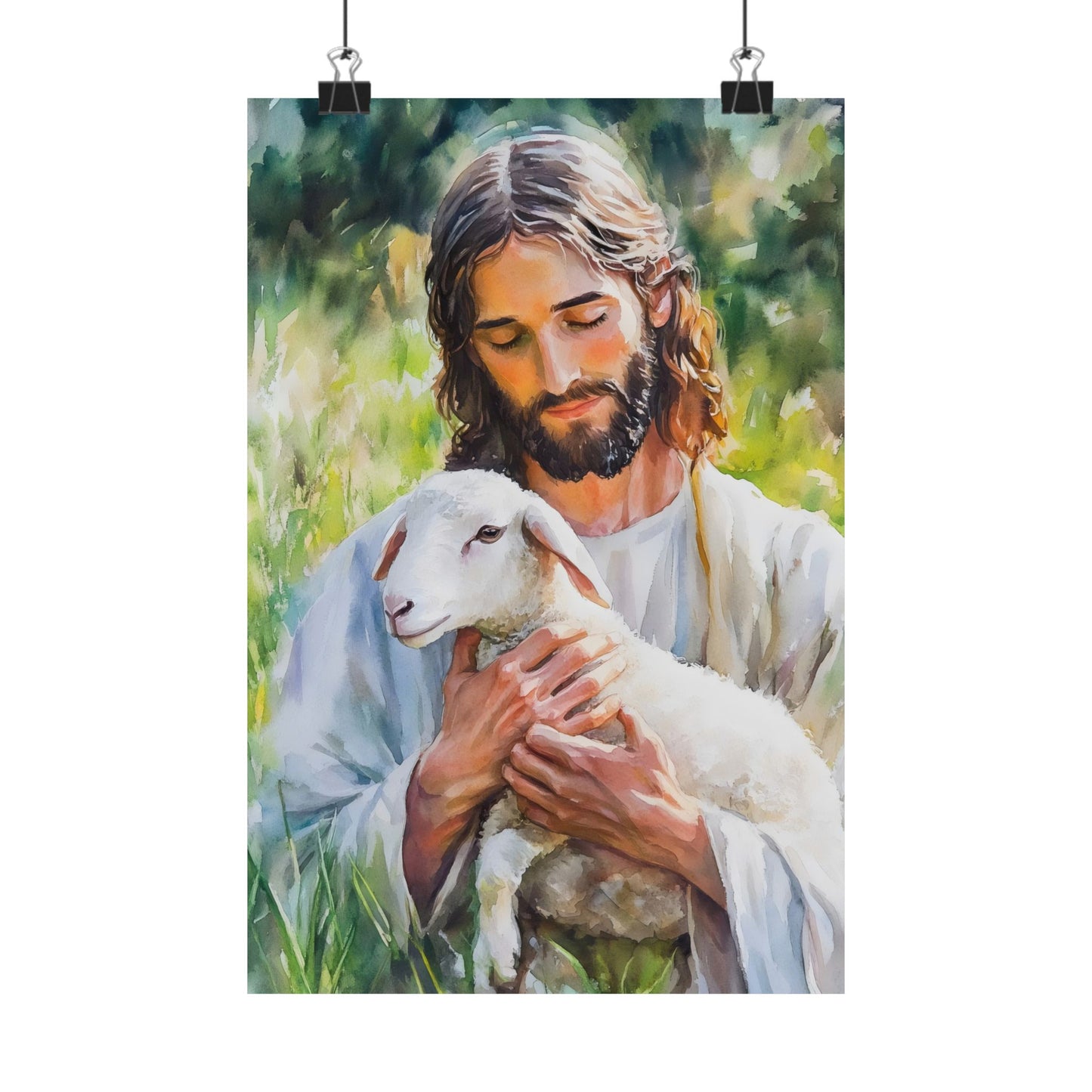 Christian wall art of a serene man with long hair holding a white lamb in a peaceful garden
