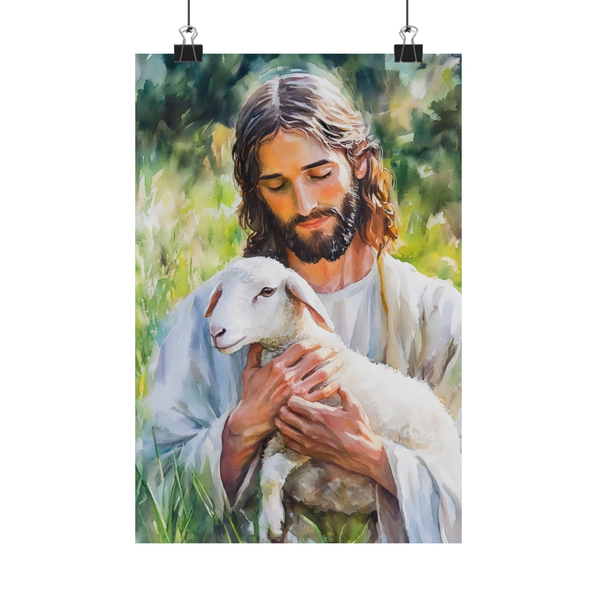 Christian wall art of a serene man with long hair holding a white lamb in a peaceful garden