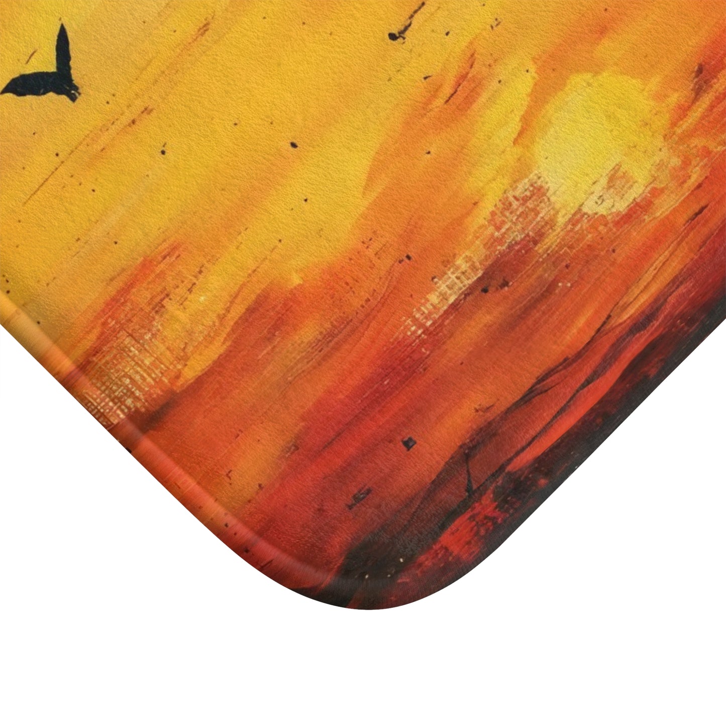 Abstract Christian wall art featuring a vibrant orange and yellow sunset with bird silhouette