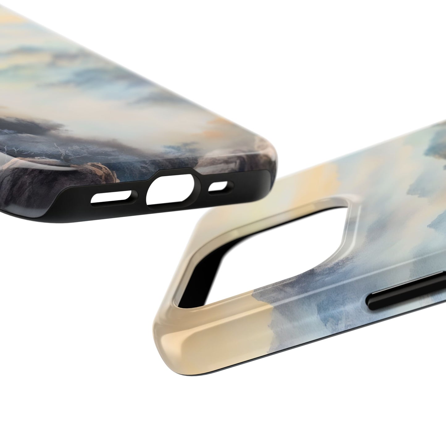 Close-up of two phone cases with abstract pastel clouds and landscape design