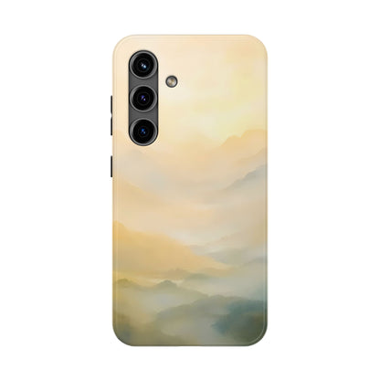 Phone case with serene misty mountains landscape in soft pastel colors, spiritual decor accessory