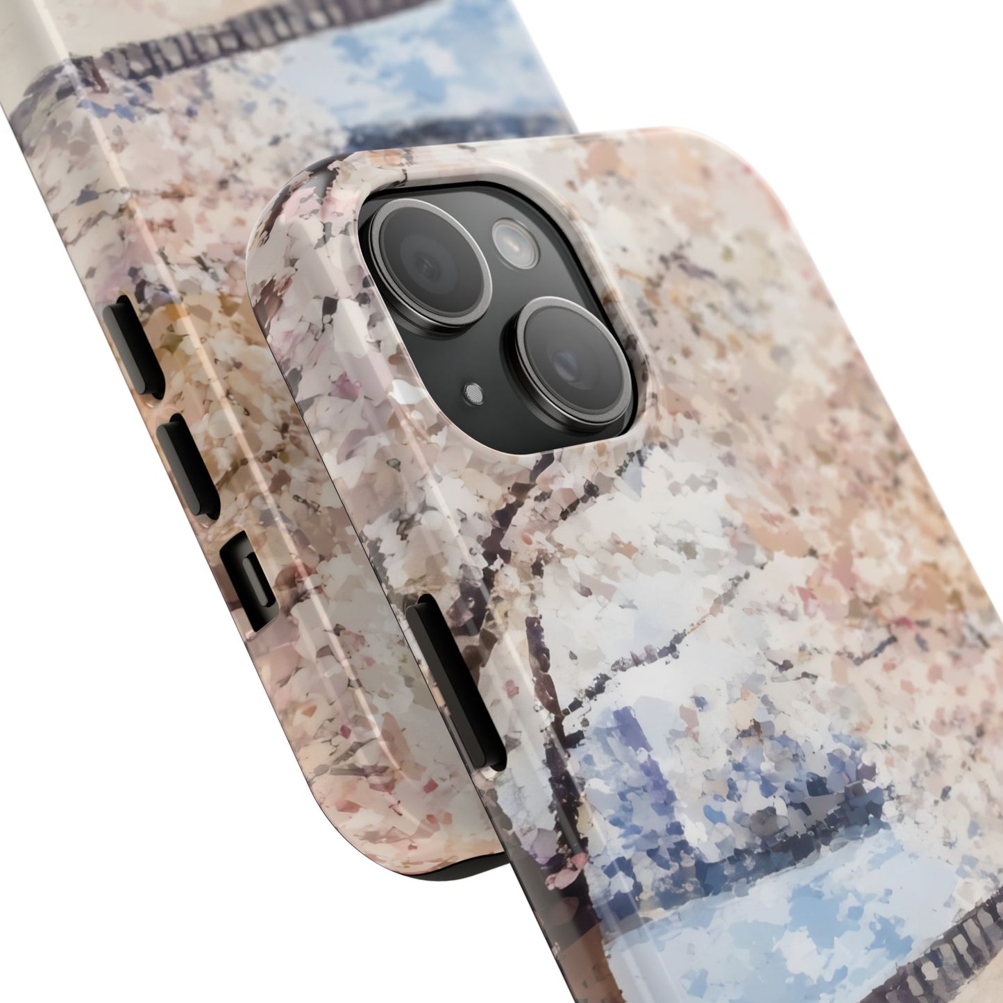 Abstract pastel floral pattern phone case, closeup of camera and artistic design