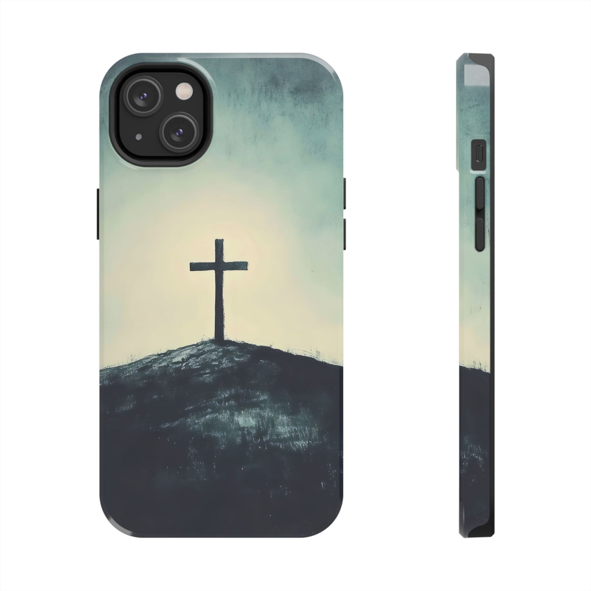 Christian phone case featuring a painted cross on a hill at sunrise, faith-inspired design