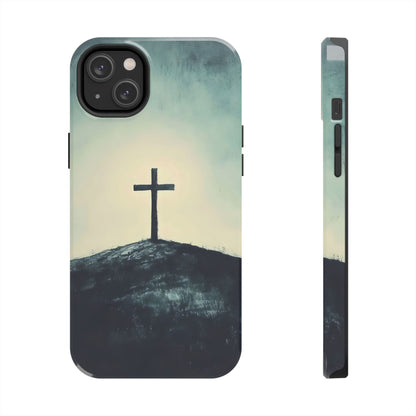 Christian phone case featuring a painted cross on a hill at sunrise, faith-inspired design