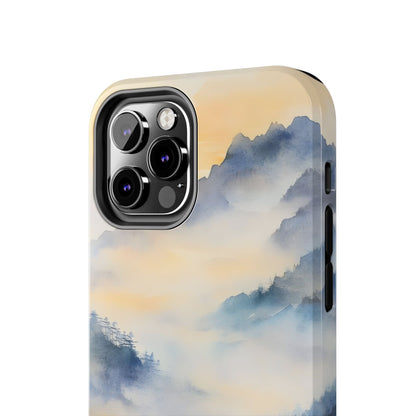 iPhone case with serene watercolor mountain landscape and soft misty clouds