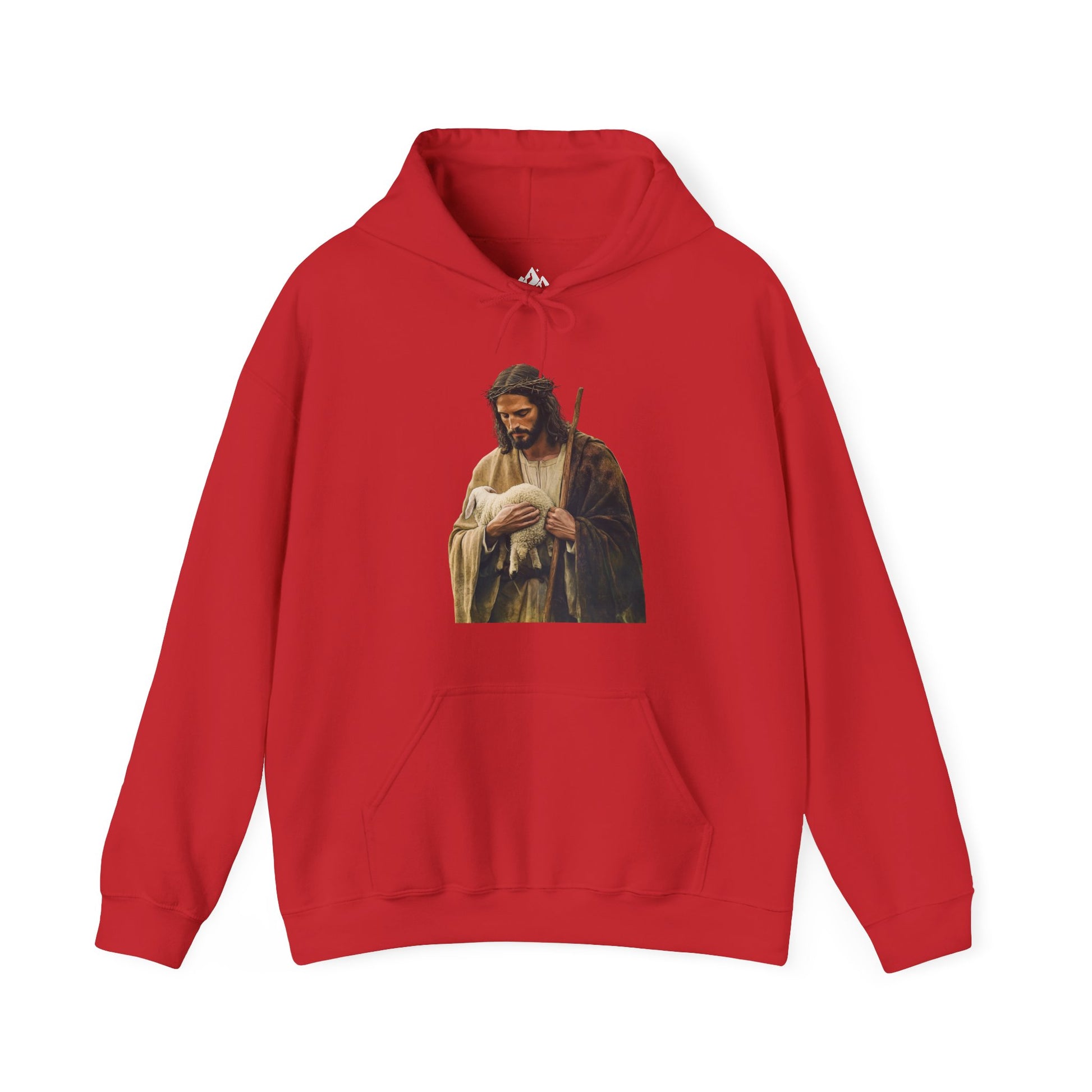 Red Christian hoodie featuring shepherd holding lamb graphic, faith-inspired apparel