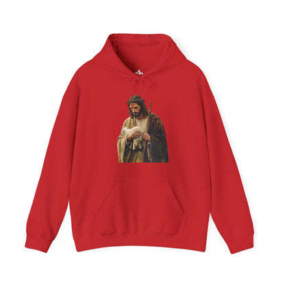 Red Christian hoodie featuring shepherd holding lamb graphic, faith-inspired apparel