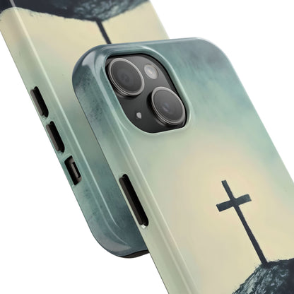 Christian phone case with cross design on soft pastel background, faith-inspired accessory