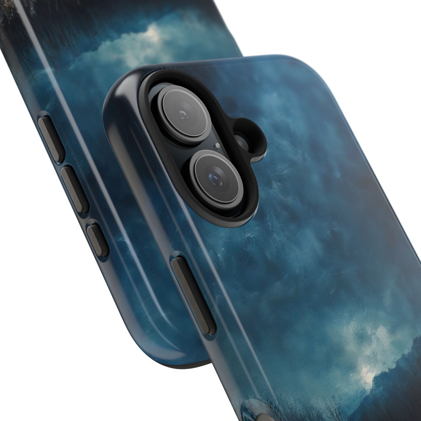 Glossy phone case with blue, cloudy sky and peaceful landscape art, close-up view