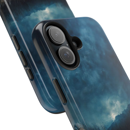 Glossy phone case with blue, cloudy sky and peaceful landscape art, close-up view