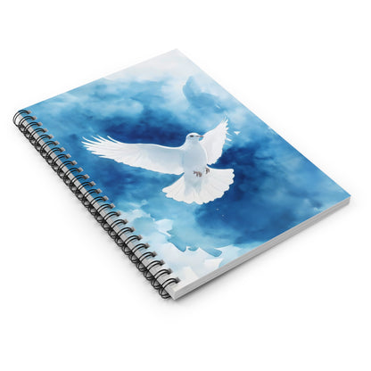 Spiral notebook with white dove illustration on blue watercolor background, faith-inspired design