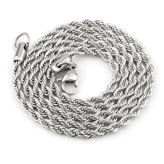 Silver-tone twisted rope chain coiled on a white background