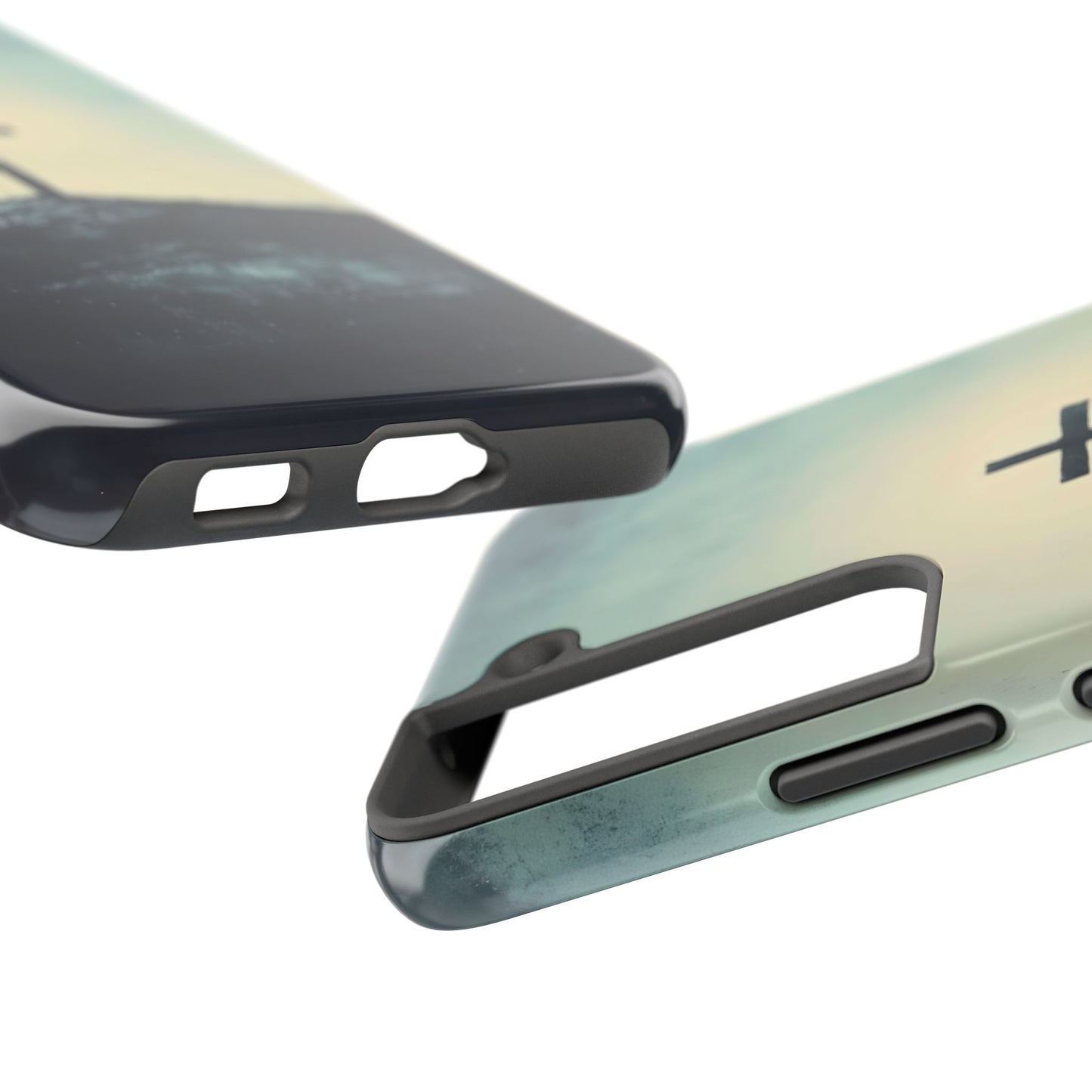 Christian cross phone case with ocean and sky design, faith-inspired accessory