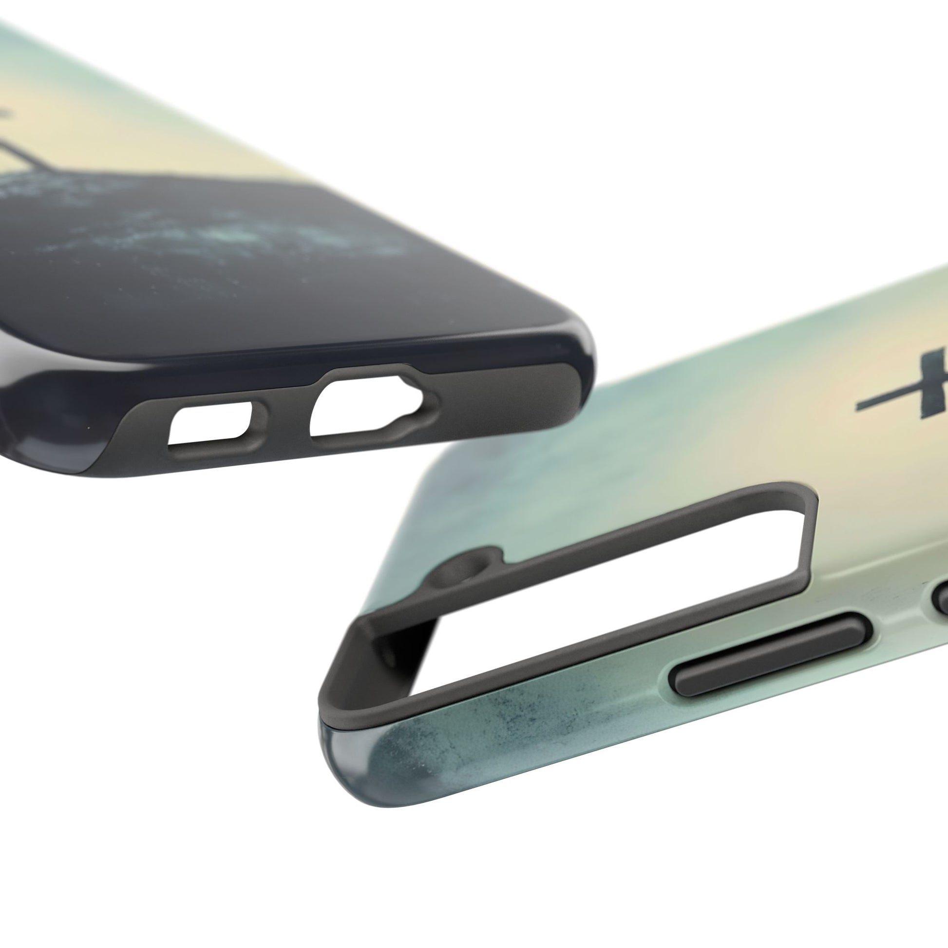 Christian cross phone case with ocean and sky design, faith-inspired accessory