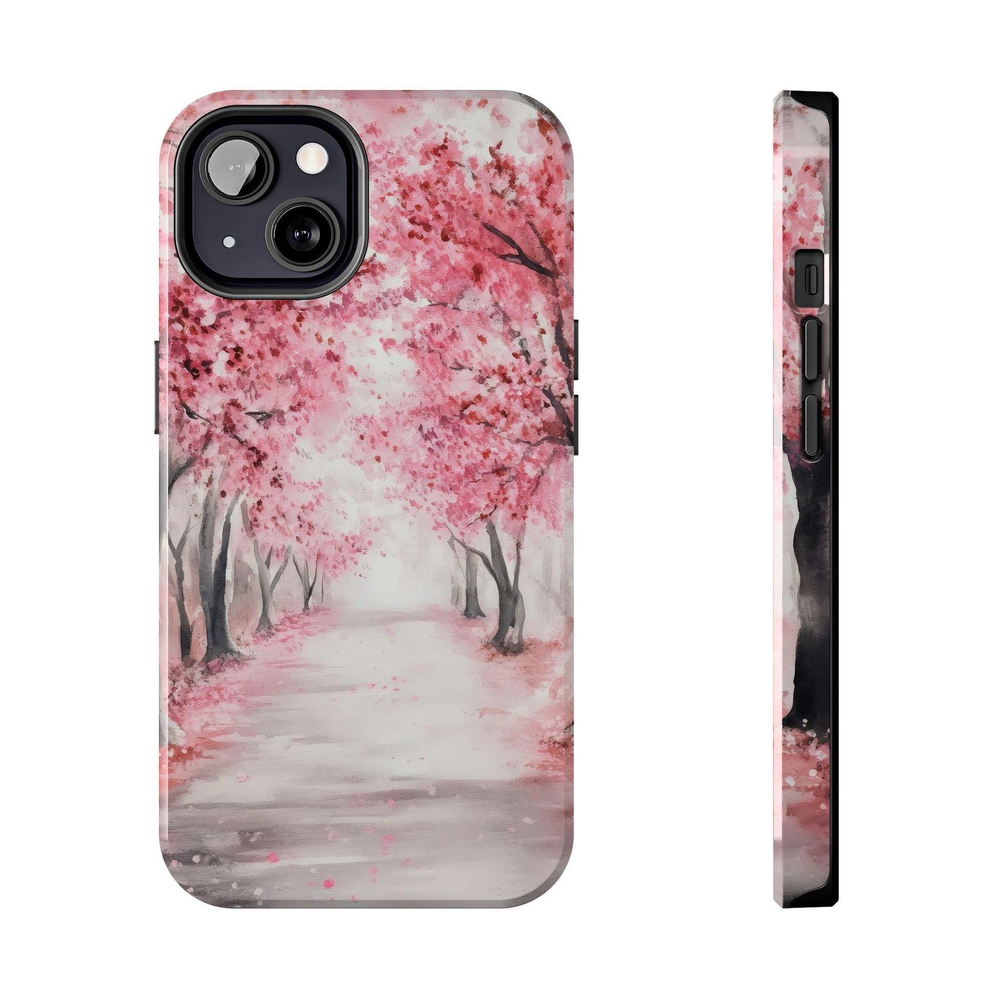 iPhone case with pink cherry blossom tree art and peaceful misty pathway design