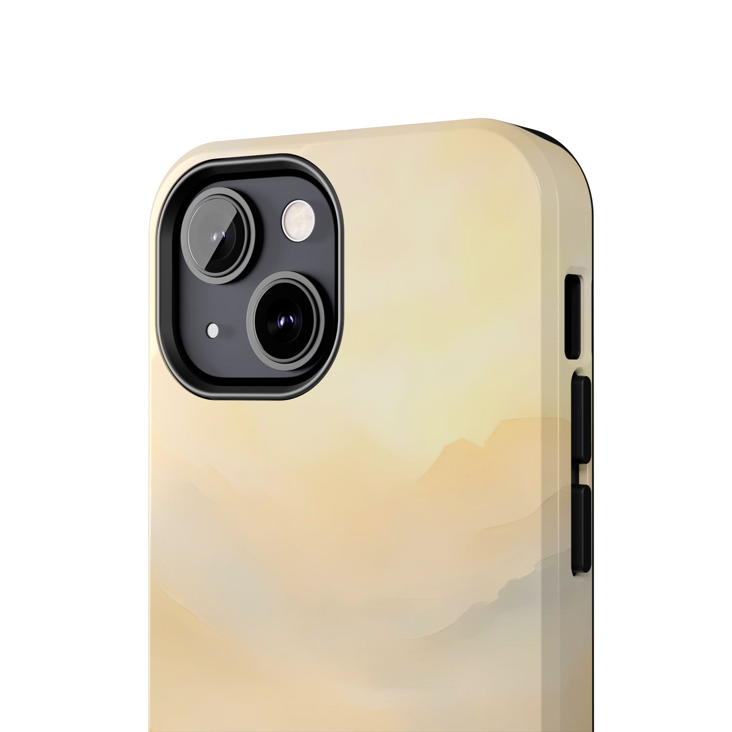 Minimalist phone case with soft beige and pastel mountain landscape design