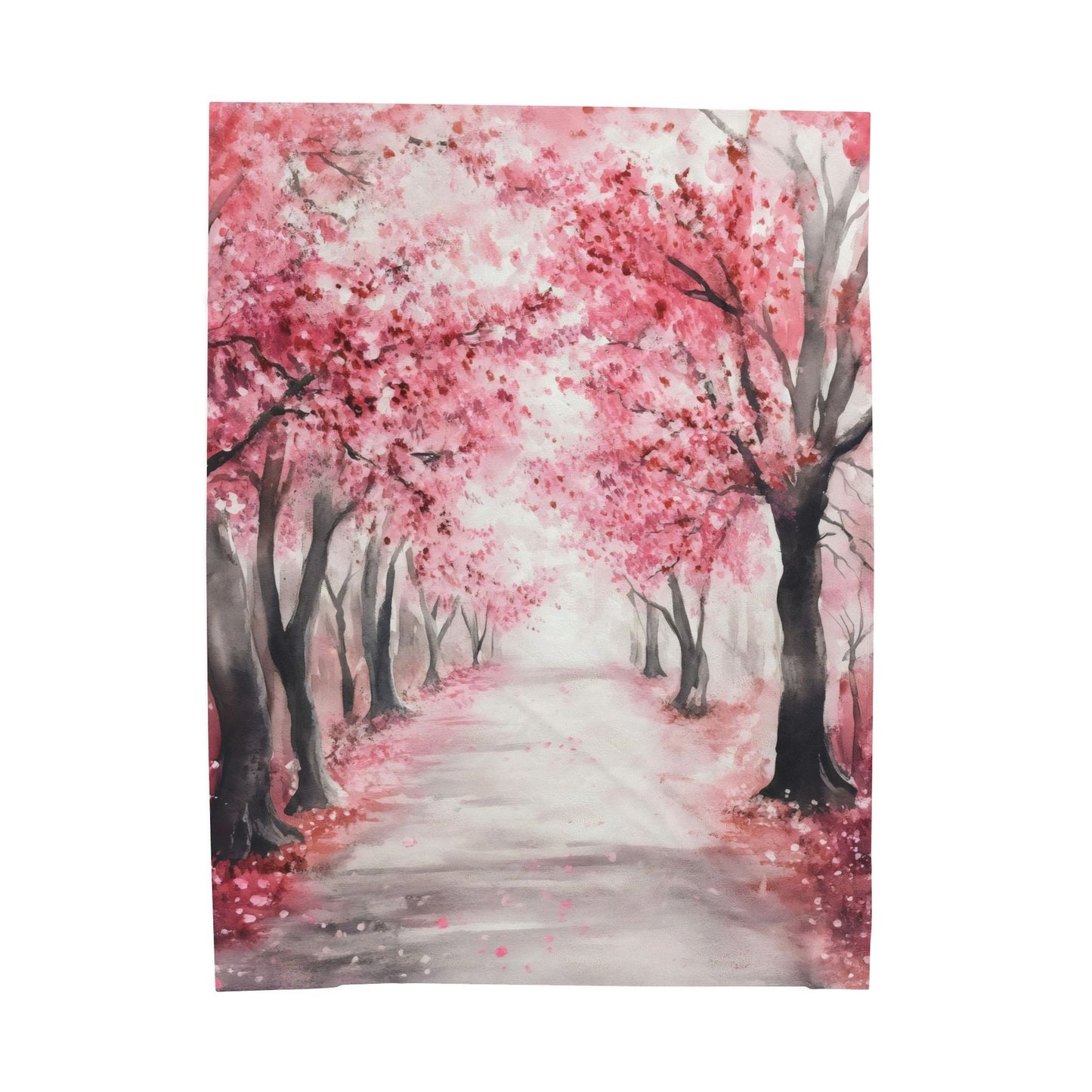 Cherry Blossom Path Velveteen Plush Blanket | Pink Tree Scenic Throw
