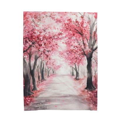 Cherry Blossom Path Velveteen Plush Blanket — close-up of the printed blanket design