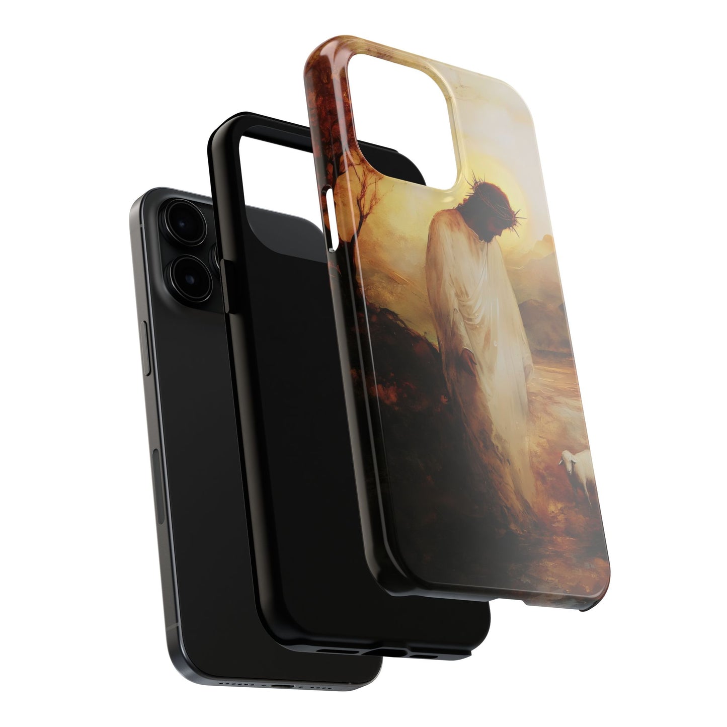 Christian phone case featuring art of Jesus with a lamb, inspirational spiritual accessory