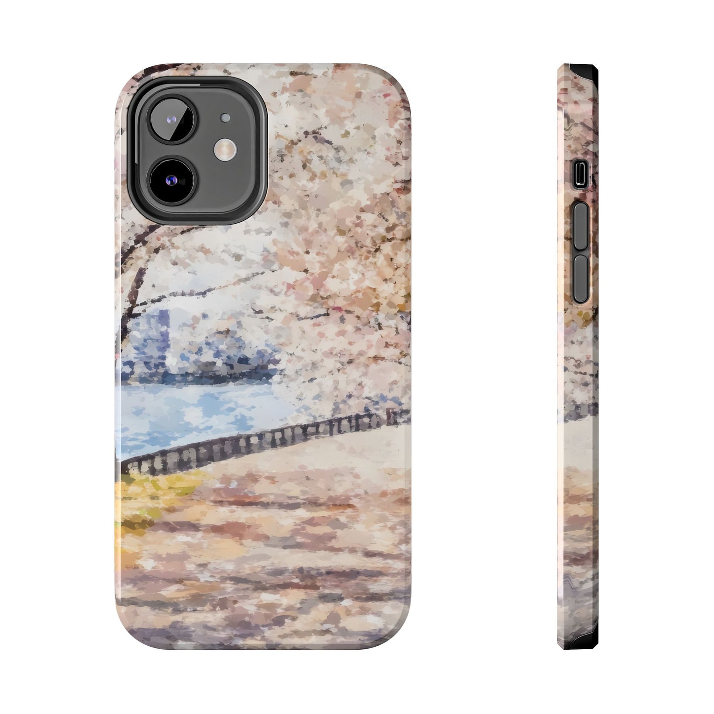 Phone case with serene cherry blossom path and river, watercolor style, spiritual decor