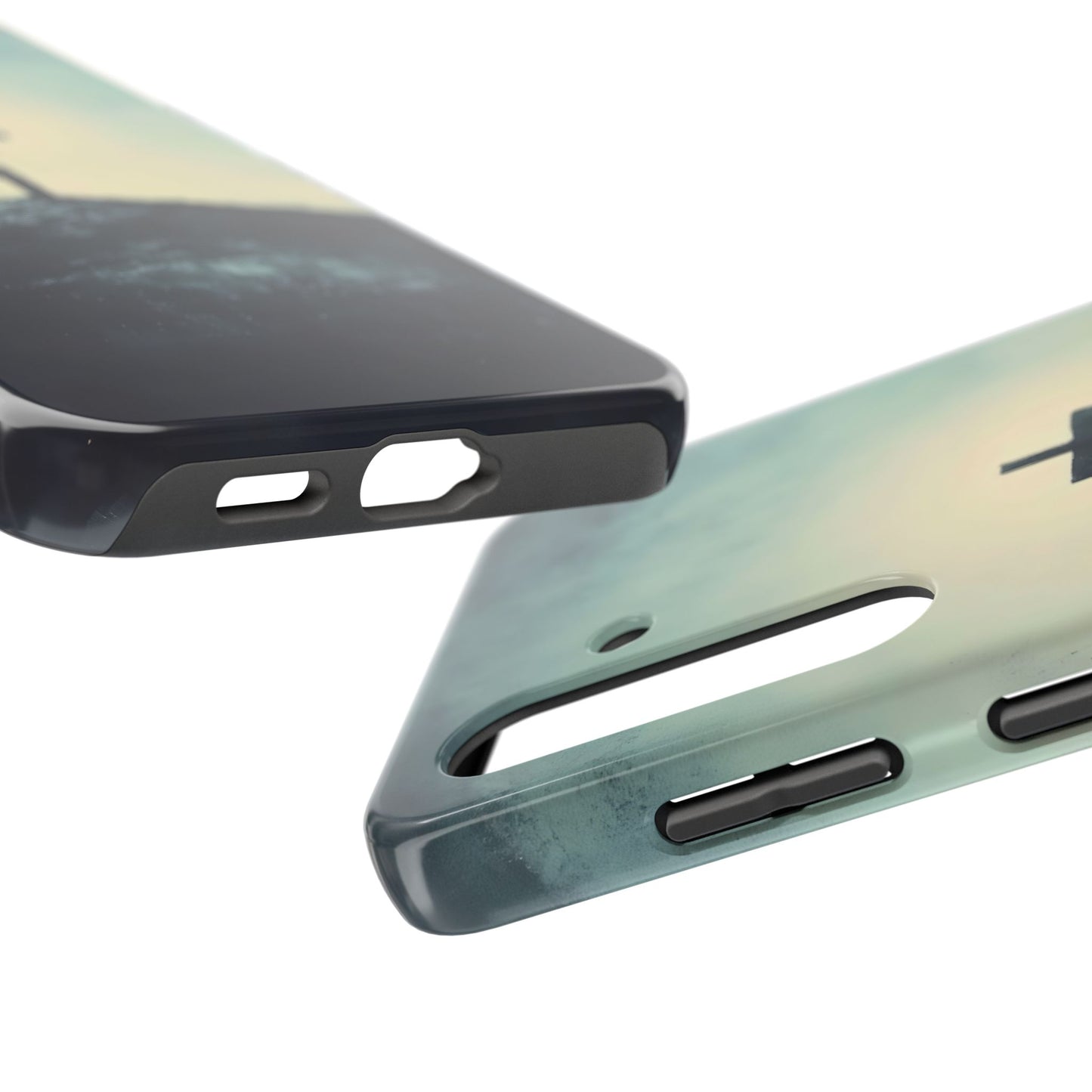 Christian phone cases with cross design, sunrise sky, faith-inspired smartphone accessories