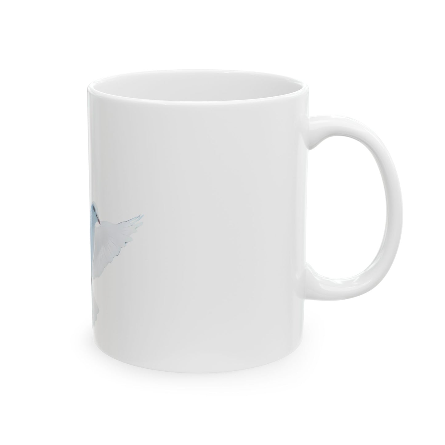 White ceramic mug with minimalist flying dove illustration, symbolizing peace and faith
