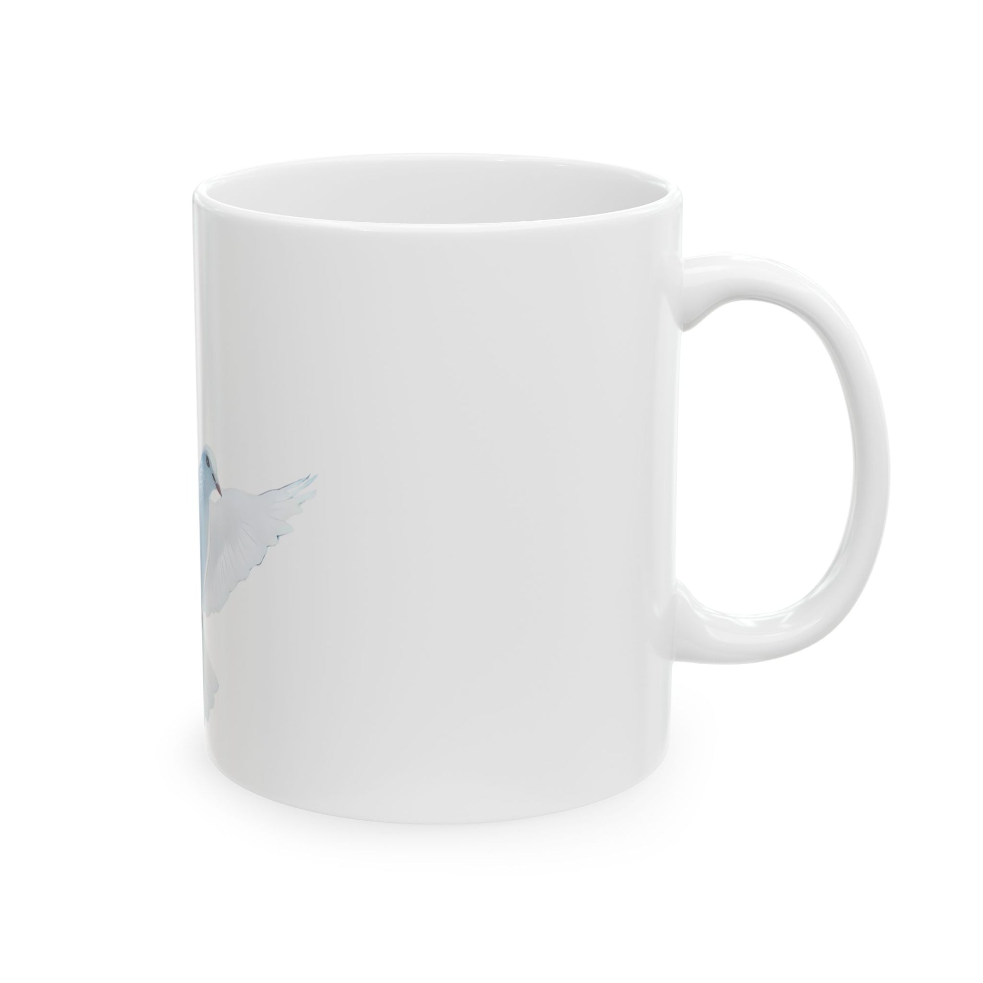 White ceramic mug with minimalist flying dove illustration, symbolizing peace and faith