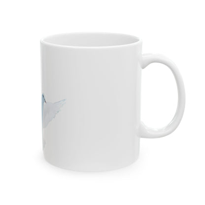 White ceramic mug with minimalist flying dove illustration, symbolizing peace and faith