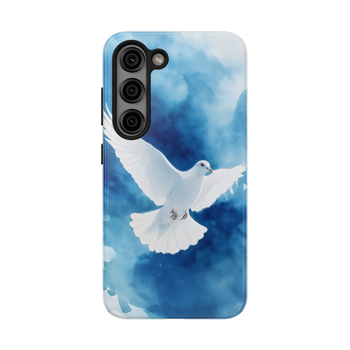 Phone case with white dove flying on blue sky watercolor background, Christian art accessory