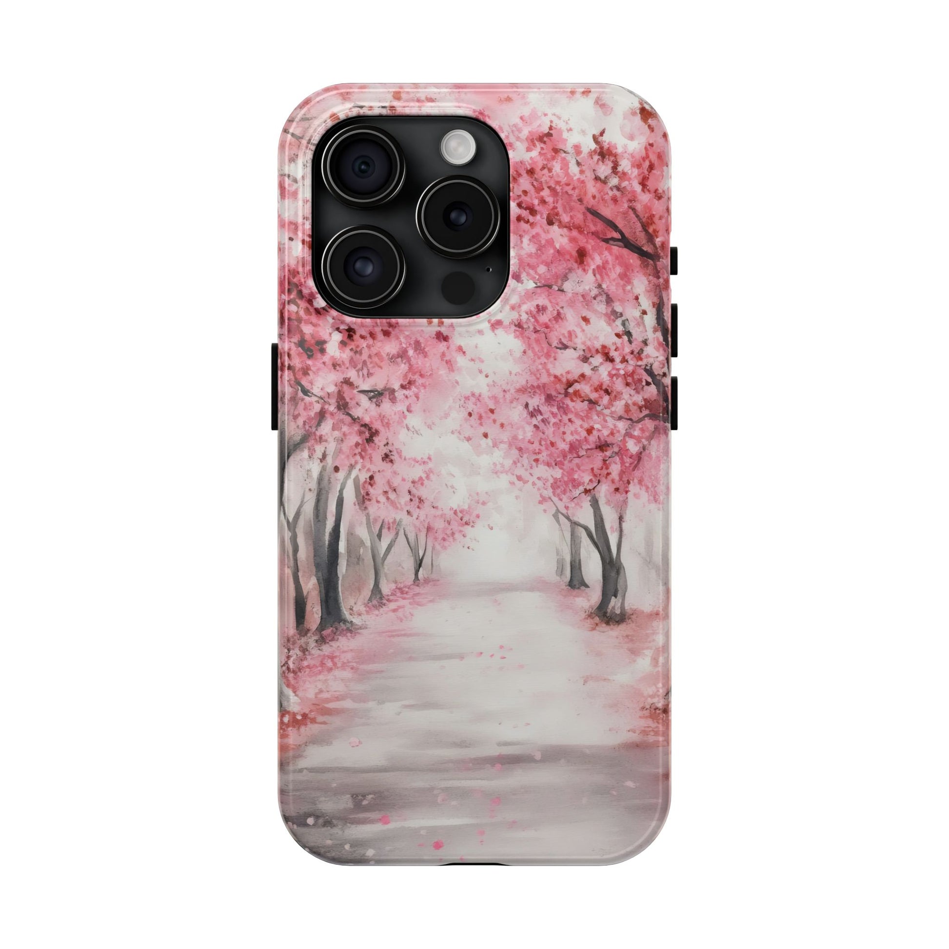 Phone case with watercolor pink cherry blossom trees along a peaceful pathway