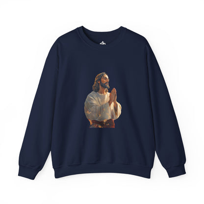 Navy Christian sweatshirt featuring illustration of praying man in white robe, faith-inspired apparel