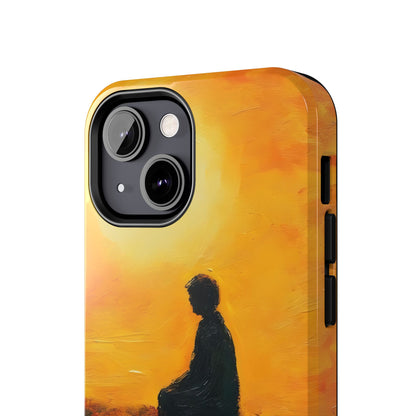 Phone case with silhouette of a meditating person against a warm yellow artistic background
