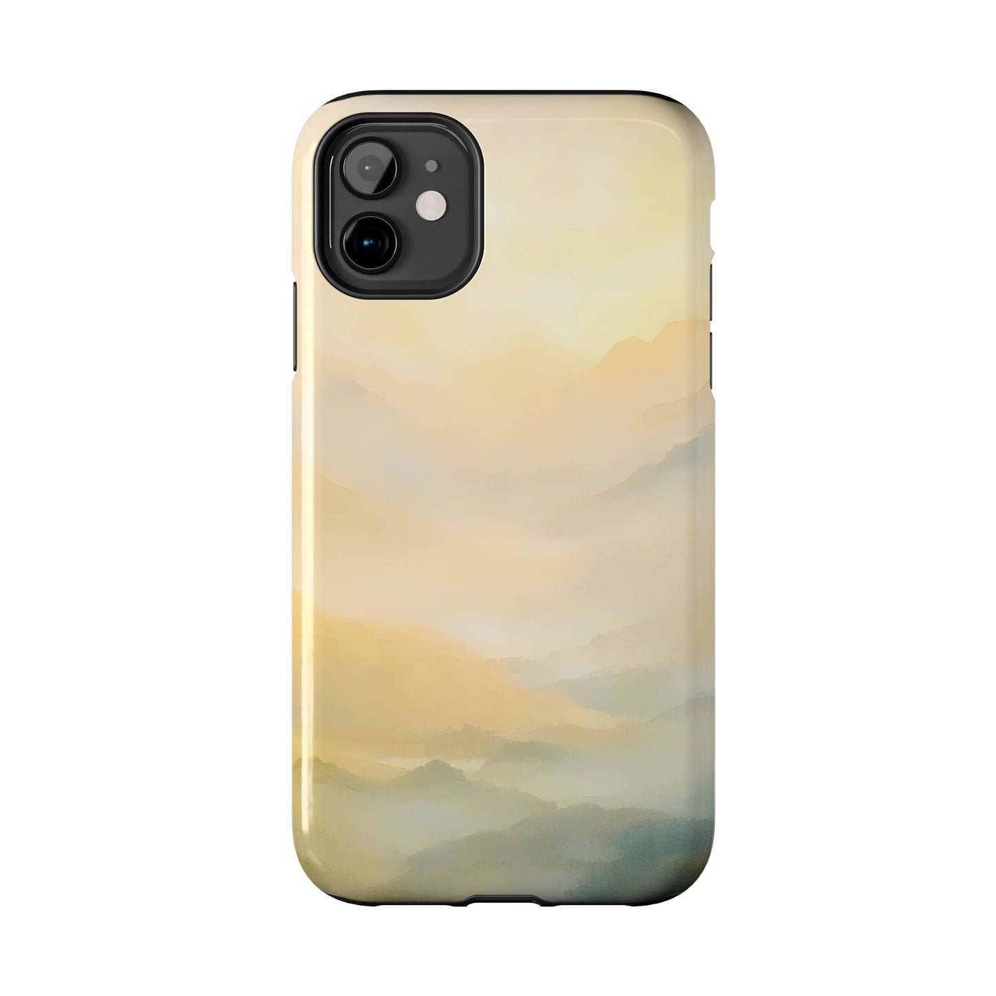 Minimalist phone case with soft pastel watercolor mountain landscape design
