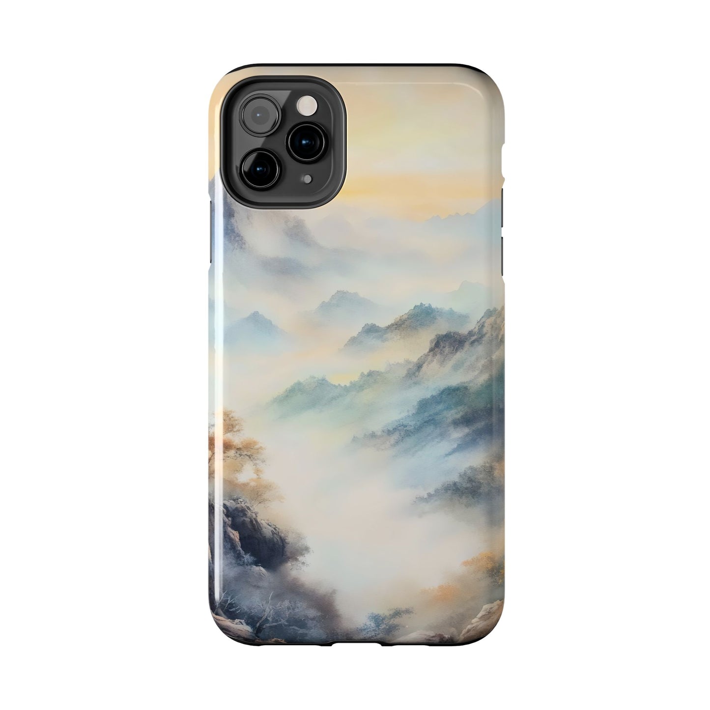 iPhone case with serene misty mountain landscape and soft pastel colors