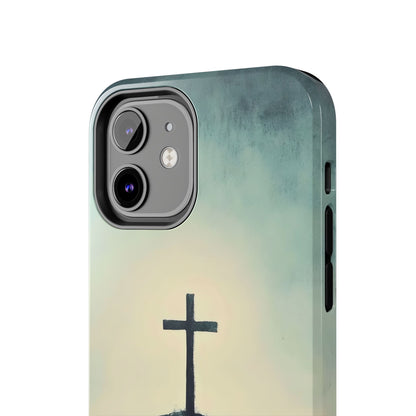 Christian cross art minimalist phone case with soft blue and cream watercolor background