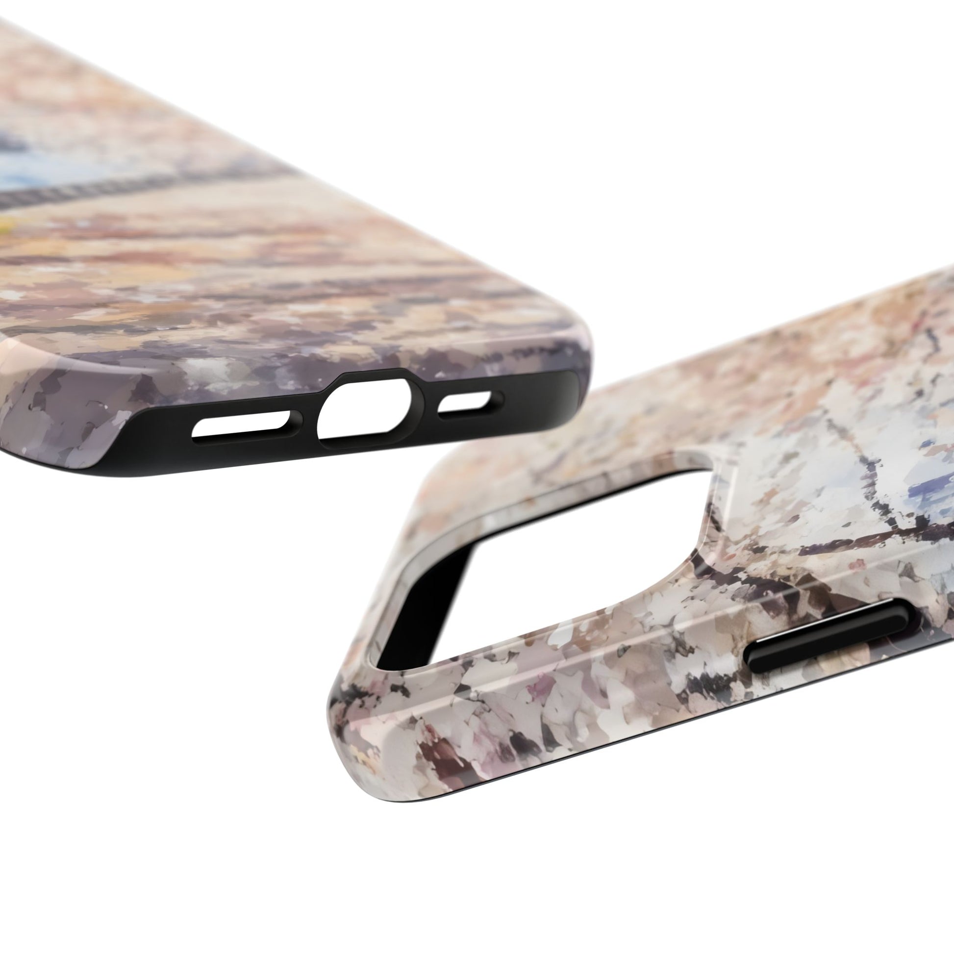 Abstract Christian art phone case with soft pastel marble pattern, close-up view