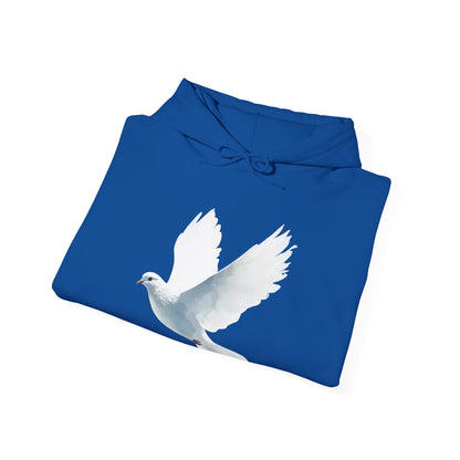 Blue hoodie featuring a white dove graphic, Christian faith-inspired apparel