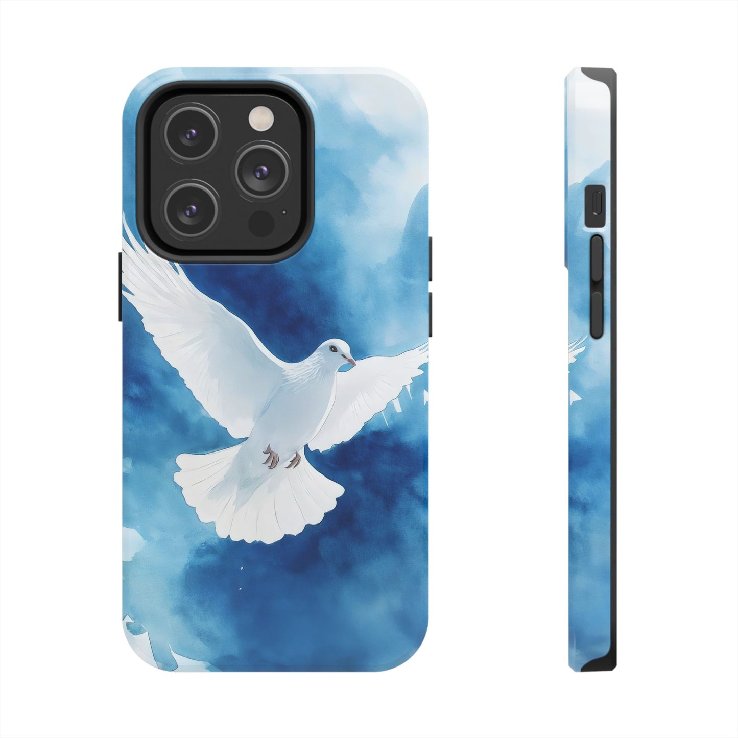 Phone case with white dove illustration on a blue watercolor background, spiritual design