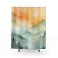 Watercolor Mountain Mist Shower Curtain | Sunrise Forest Landscape