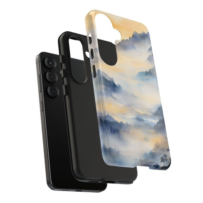 Phone case with serene mountain mist artwork in soft blue and yellow tones