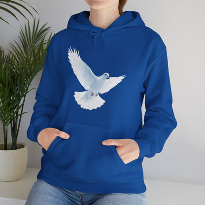 Woman wearing blue hoodie with white dove graphic, Christian faith-inspired apparel