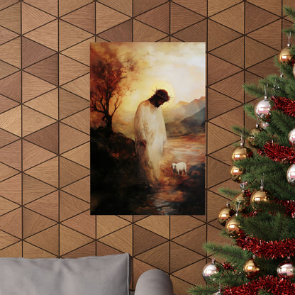 Christian wall art of Jesus with a lamb, hung above a sofa near a decorated Christmas tree