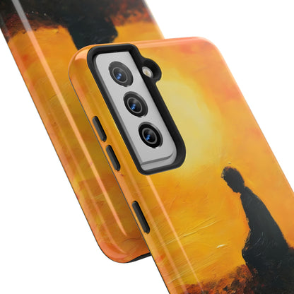 Phone case with silhouette of a meditating figure against a warm yellow sunset background