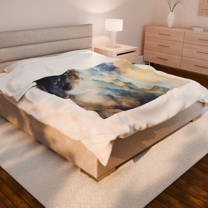 Cozy bedroom with a bed featuring a serene mountain landscape blanket and modern decor