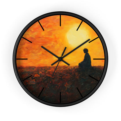 Wall clock with a meditating silhouette against an orange sunset