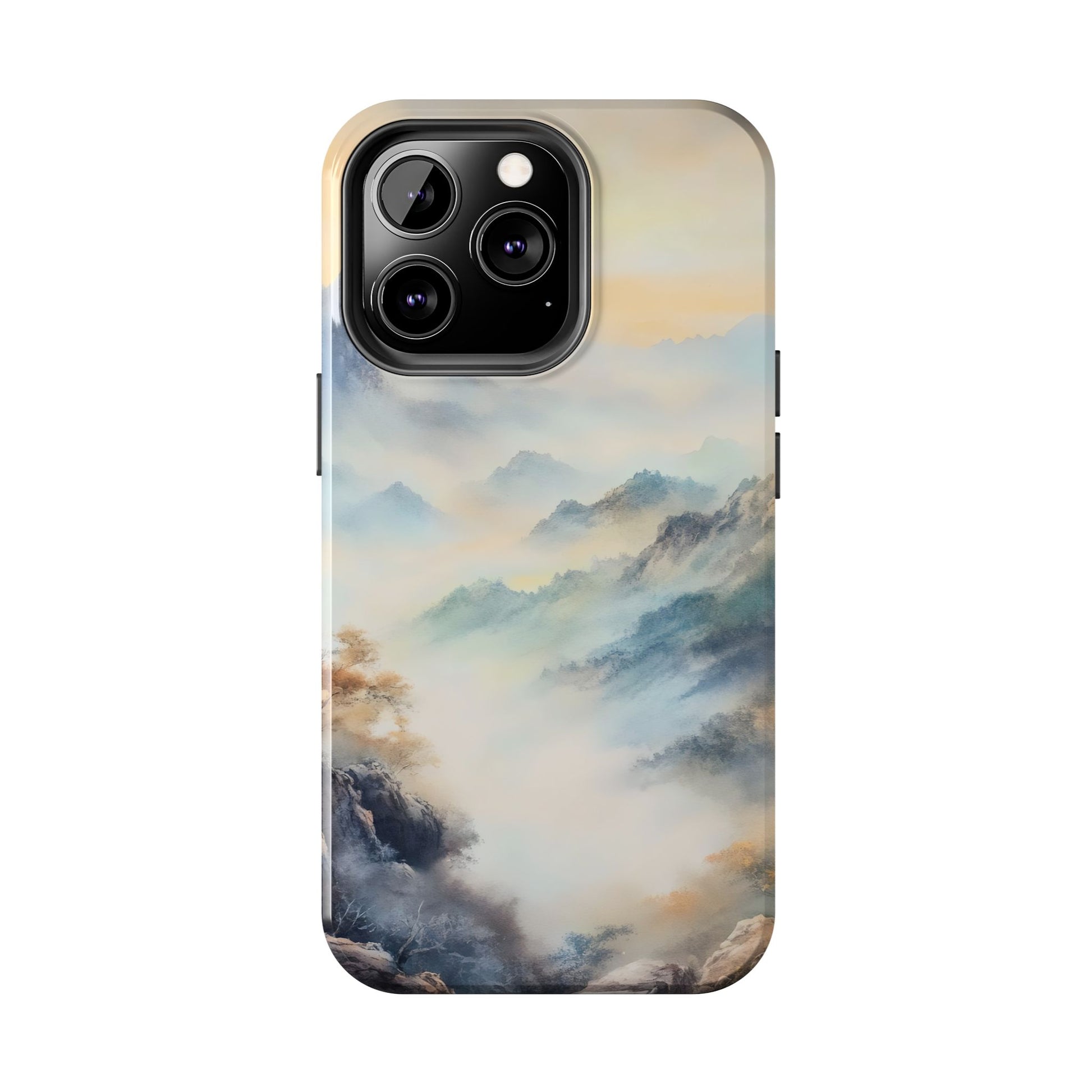 Phone case with serene misty mountain landscape, soft pastel colors, spiritual art