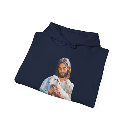 Navy blue hoodie with graphic of Jesus holding a lamb, Christian faith apparel