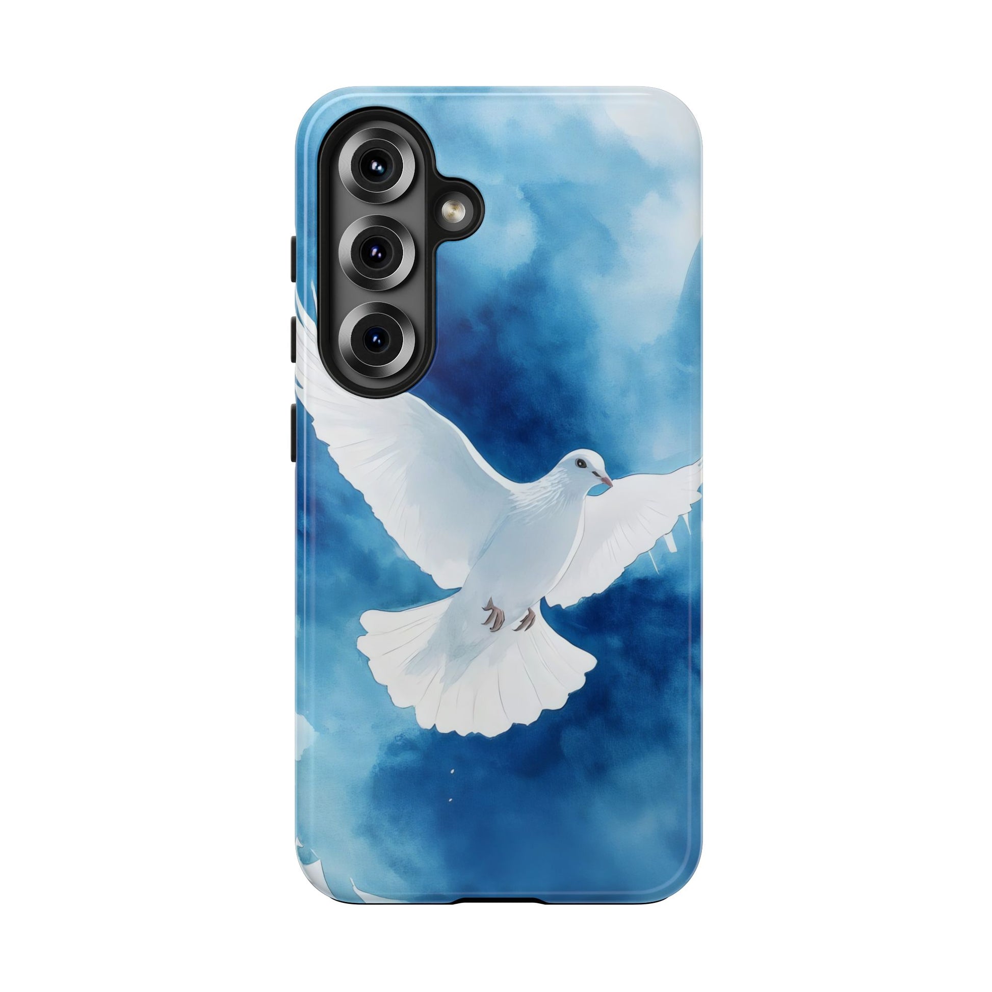 Phone case featuring a white dove with open wings on a blue watercolor background