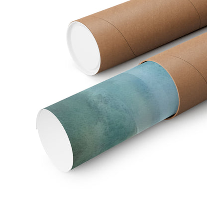 Rolled watercolor wall art print in a brown shipping tube on white background