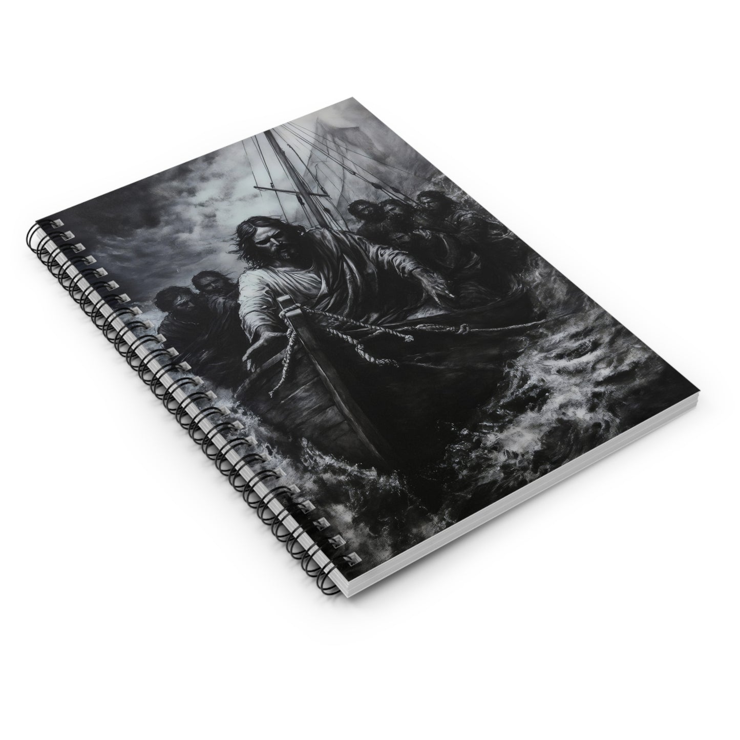 Christian spiral notebook featuring Jesus calming the storm, black and white, faith-inspired cover